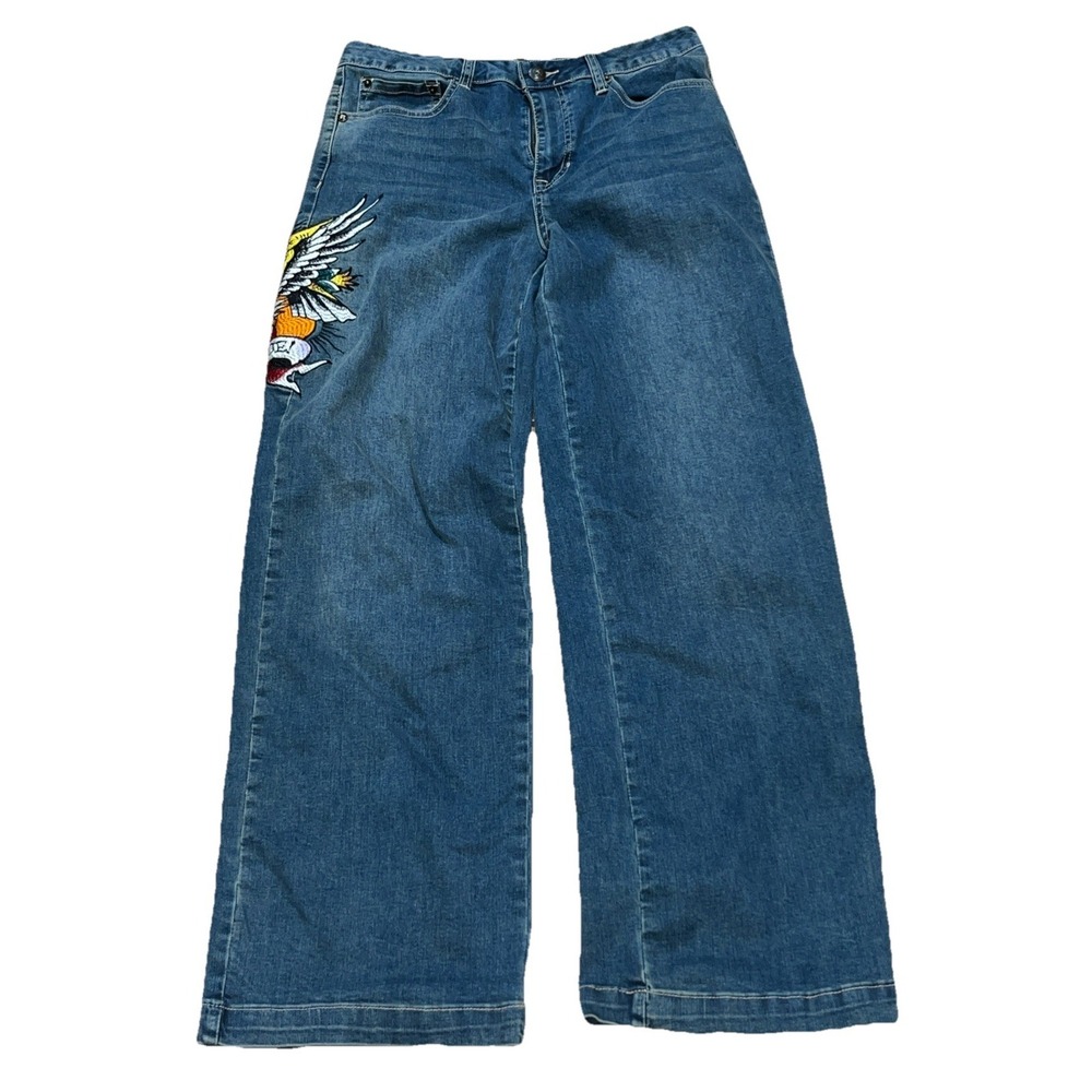 Don Ed Hardy Designs Brave Heart Eagle Wide Leg Jeans Med Wash Blue Sz 30 Logo